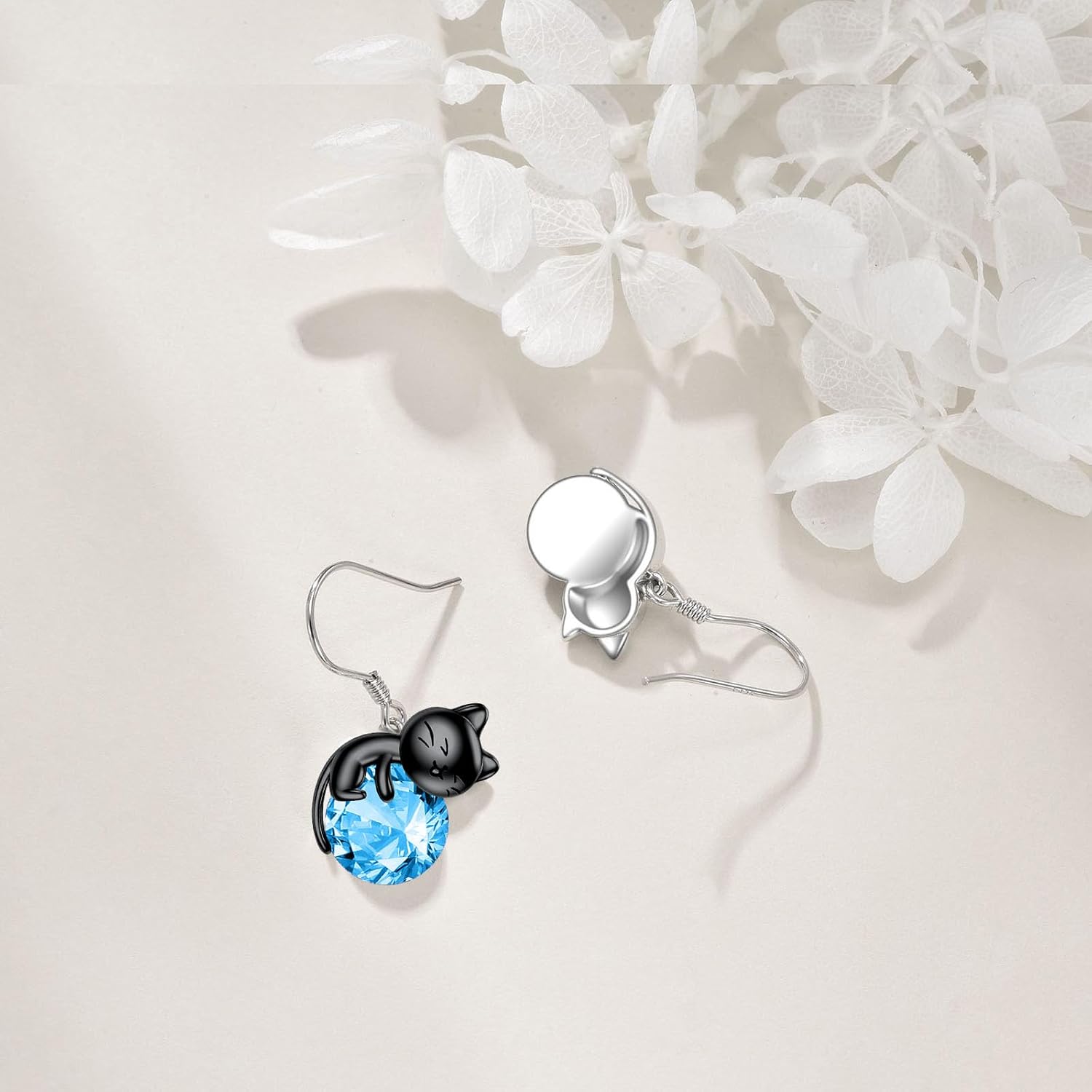 Black Cat Earrings 925 Sterling Silver Cats Dangle Drop Earrings Birthstone/Moonstone Kitten Jewelry Gift for Women