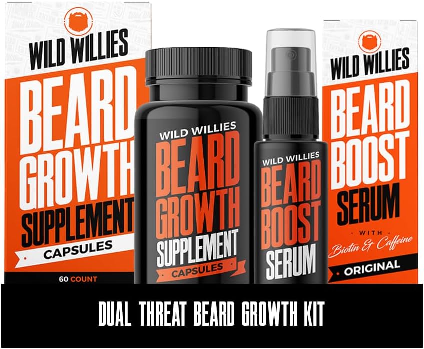 Wild Willies Beard Growth Kit - Capsules & Boost Serum - Natural Growth Oil With Biotin & Caffeine - Vitamins for Fuller, Thicker Beard - 60 Capsules - For Men