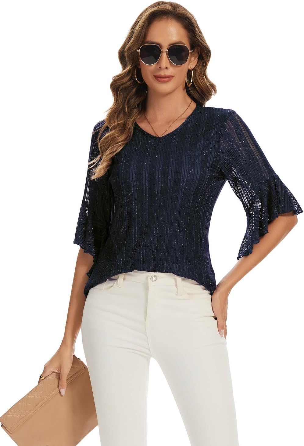 Women's 3/4 Sleeve Tops Sparkly Dressy V Neck Blouse Glitter Evening Party Shirts - Image 3