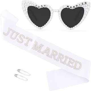 Jaciya Just Married Pearl Heart Sunglasses Just Married Sash Bachelorette Party Decorations Wedding Photo Props for Bride