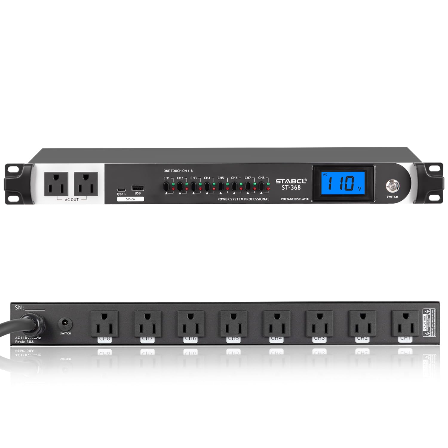 Professional 10-Socket Rack Mount Power Conditioner & Surge Sequencer (3300W) with USB-C Charging