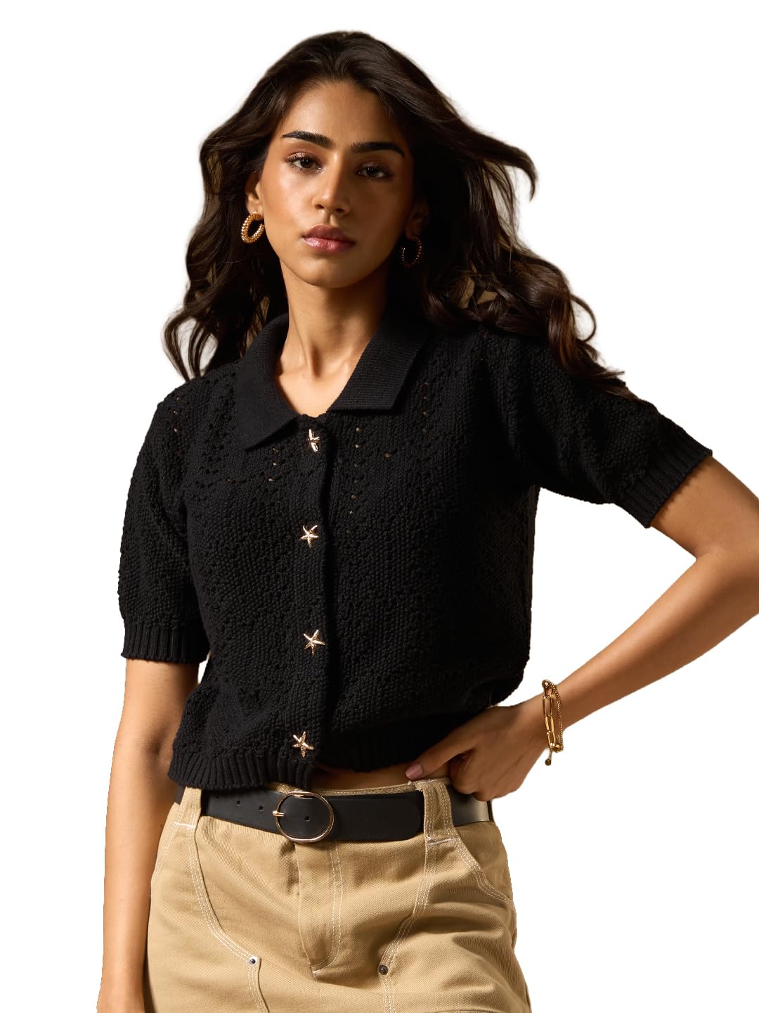the souled store Open Knit: Blackout Women and Girls Short Sleeves Collar Neck Black Solid Cotton Relaxed Fit Star Shaped Buttons Breathable Lightweight All-Season Everyday Shirt-picture-10