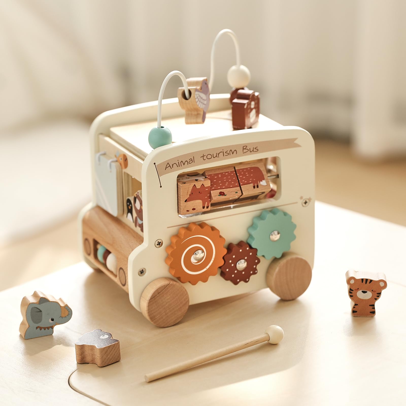 OESSUF Cubo Motore Baby Montessori 9 in 1 Autobus per 12 Mesi di Attività, Giocattolo in Legno per Bambini da 1 Anno, Regalo per Ragazze e Ragazzi