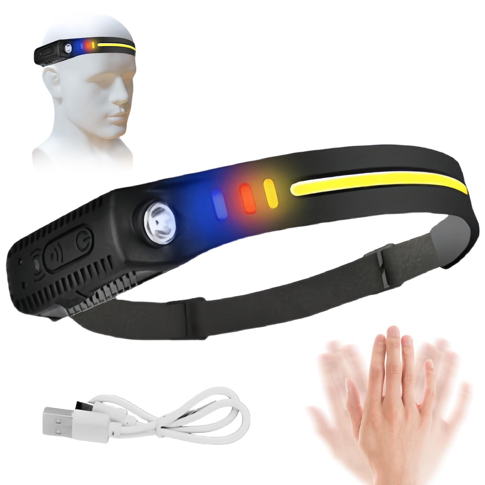 Hdakddhg Black 1Pcs Led Head Torch Rechargeable, Adjustable Headlamp With Four-Colour Light Source, Head Torches Led Super Bright Rechargeable, 9 Modes Of Headtorch With Motion Sensor
