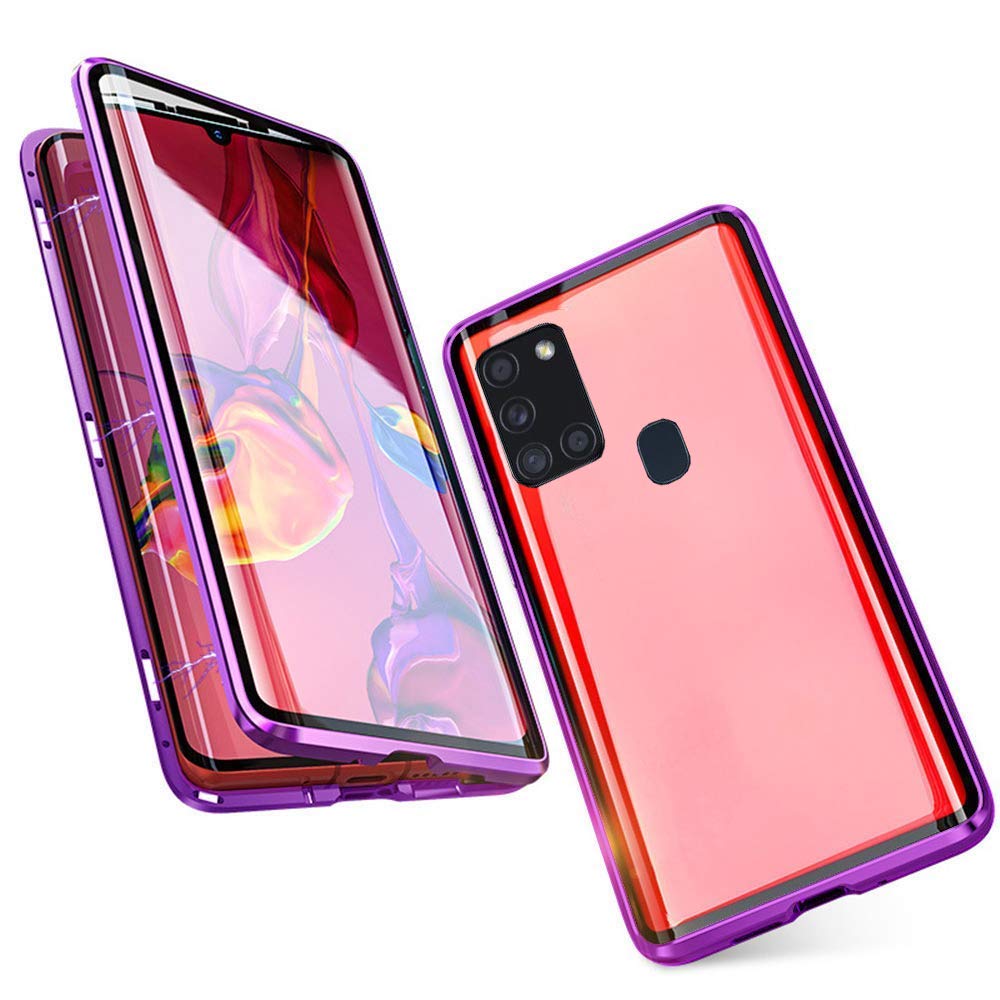 Orgstyle for Samsung Galaxy A21s Case, Magnetic Adsorption Shockproof Cover Slim Front Back Tempered Glass + Aluminum Metal Bumper Built in Strong Magnets, Full Body Protection Clear Case, Purple