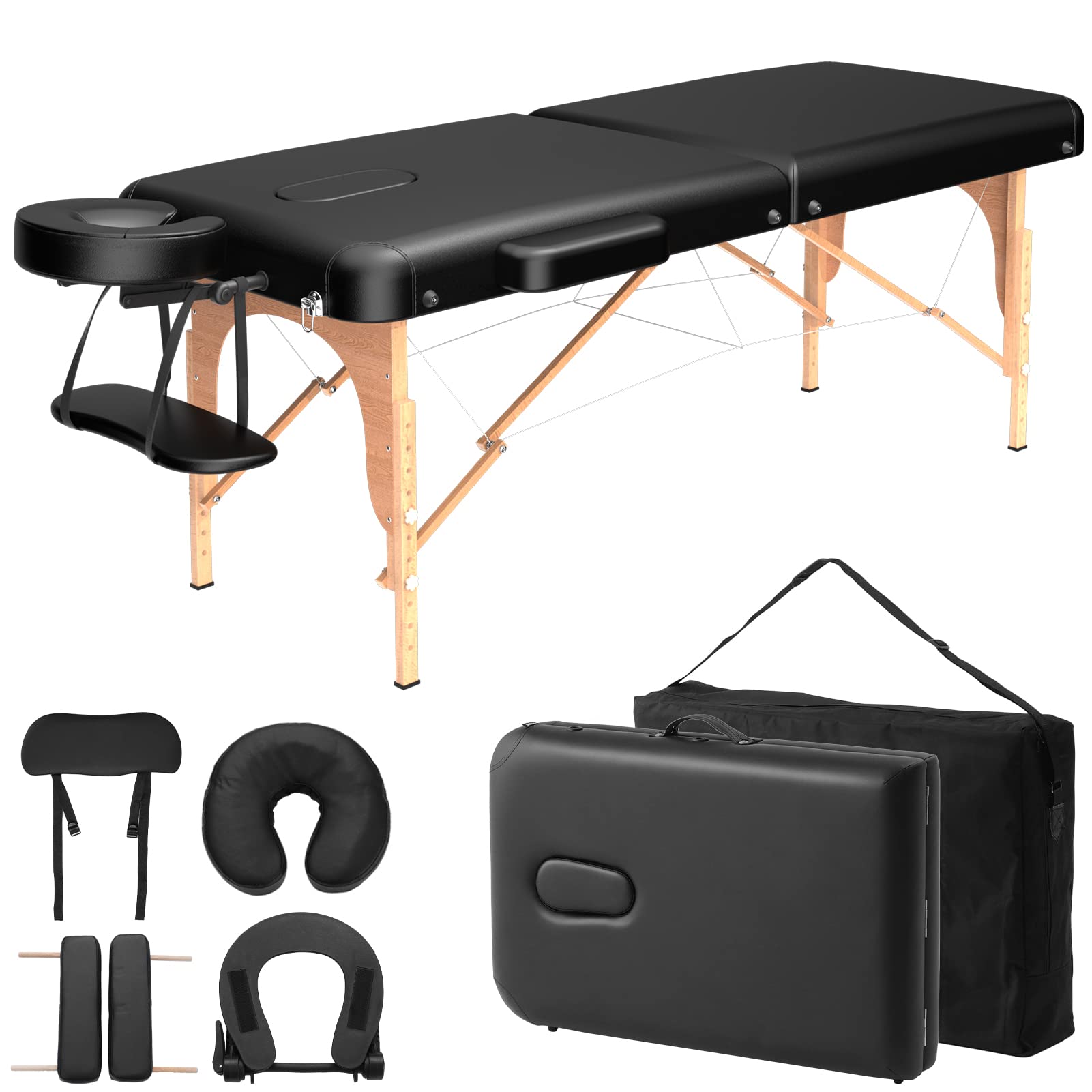 CLORIS Home Premium Massage Table Hold Up to 800LBS 2 Folding Portable Lightweight Facial Solon Spa Tattoo Bed Height Adjustable with Carrying Bag & Wooden Leg