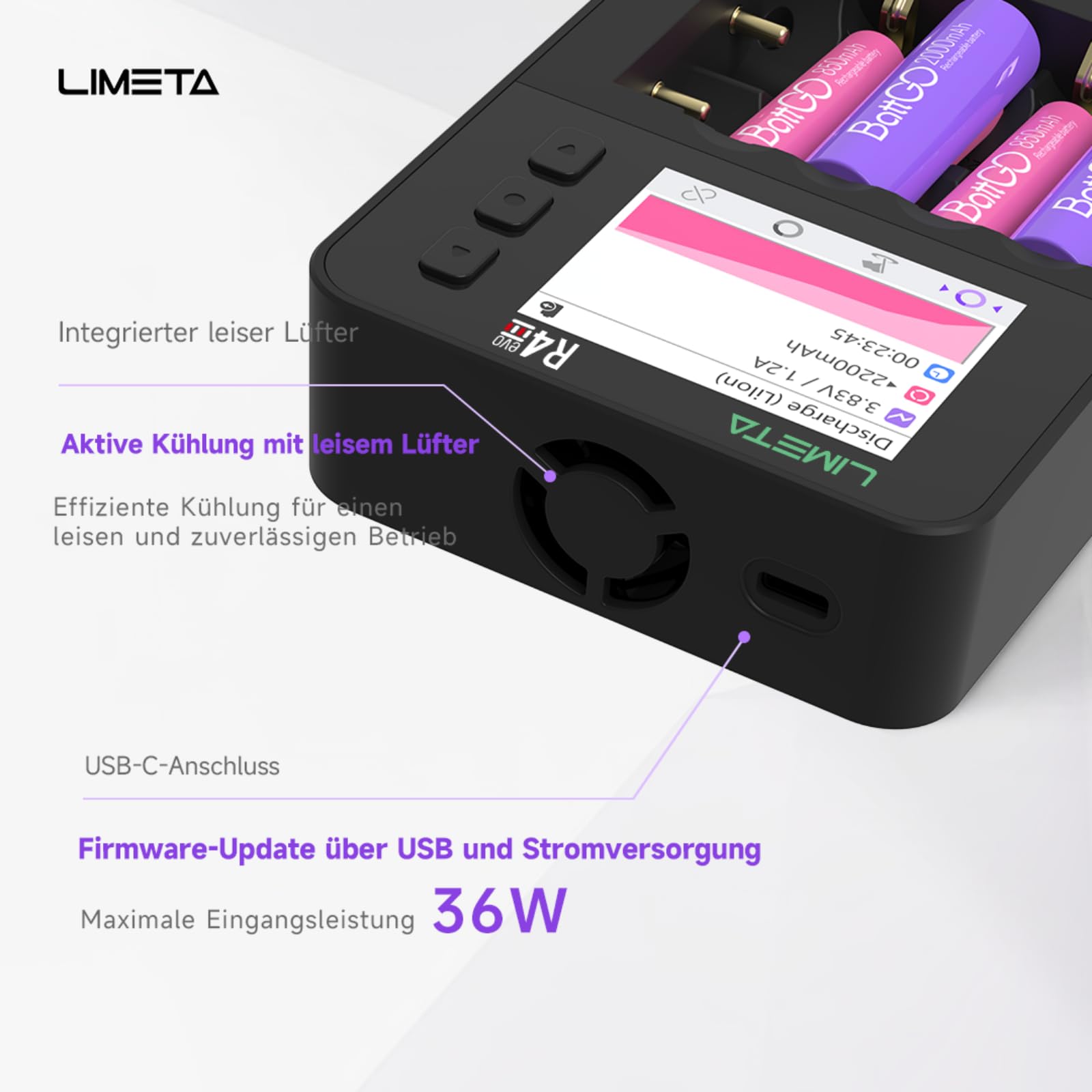 LIMETA R4EVO 18650 Akku-Ladegerät AA AAA NiMH Li-Ionen 6-Fach | 6 unabhängige Ladeschächte, Kapazitätstest, Entladung, Aktivierung, Zyklusmodus, Ladestrom bis 3 A