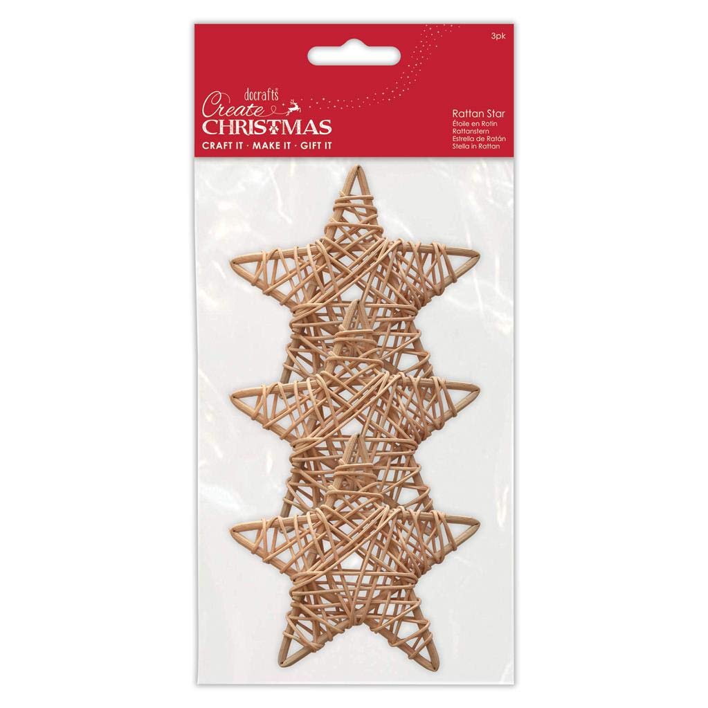 Papermania Light Create Christmas 9Cm Rattan Natural Wicker Stars 3 Pack, Christmas Home Decor, Craft, Diy Art & Craft Making, Wedding, Party, Wooden Effect