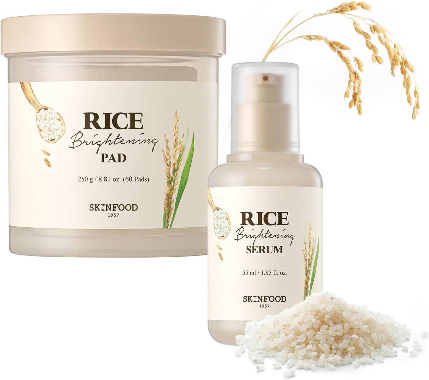 SKINFOOD Rice Radiance Duo – Korean Skincare Brightening Pad & Hydrating Serum Set for Glowing, Smooth, and Dewy Skin, with Natural Fermented Rice Water for Gentle Exfoliation and Deep Moisture