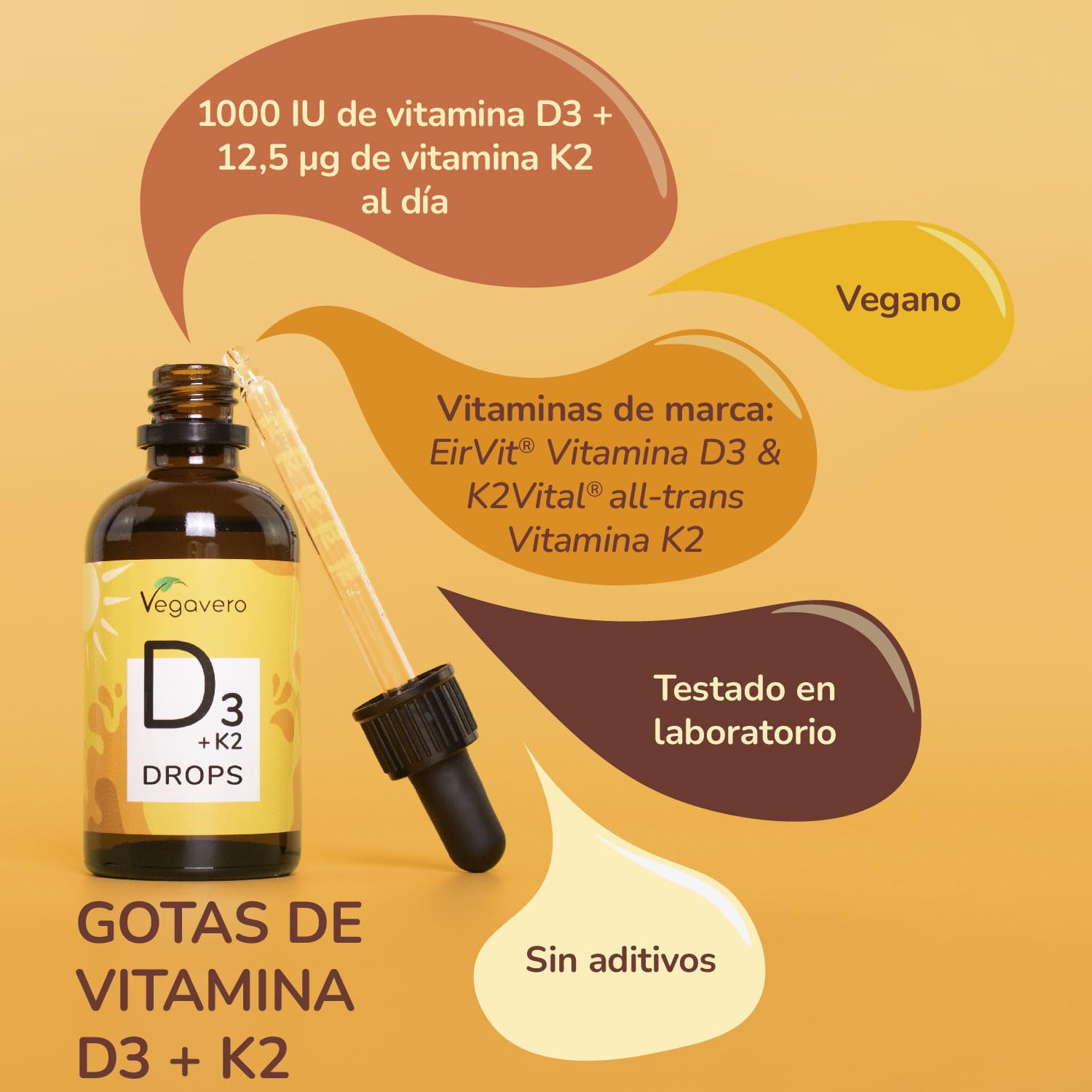 Vitamina D3 y K2 MK-7 Gotas Vegavero | VEGANO | Para un Año | EirVit, + Vitamin D3V | Sin Aditivos | 1000 UI Dosis Diaria