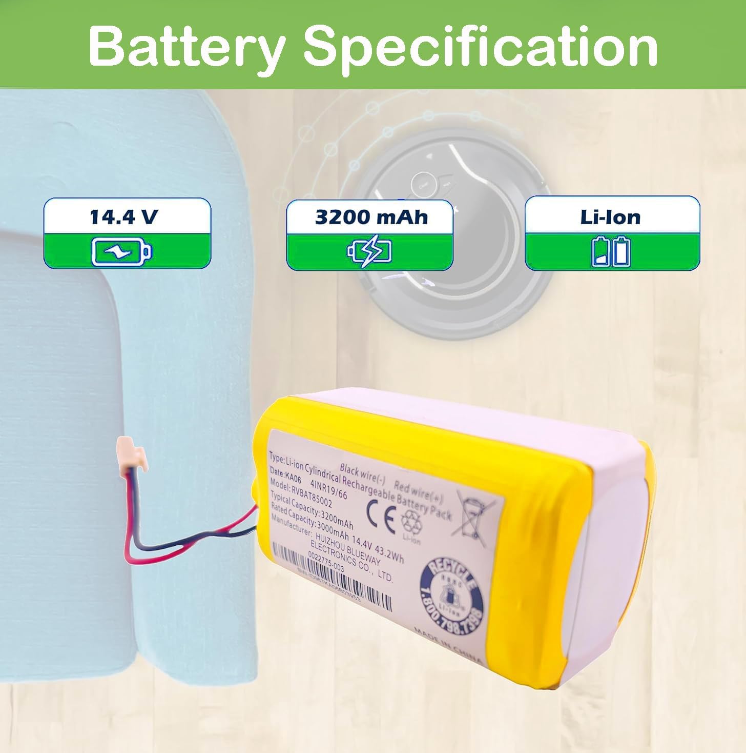 SCREENTRONICS Lithium Ion Li-ion Battery RVBAT85002 14.4V 3200mAh Compatible Replacement for Shark Robot Vacuum Cleaner (Yellow)