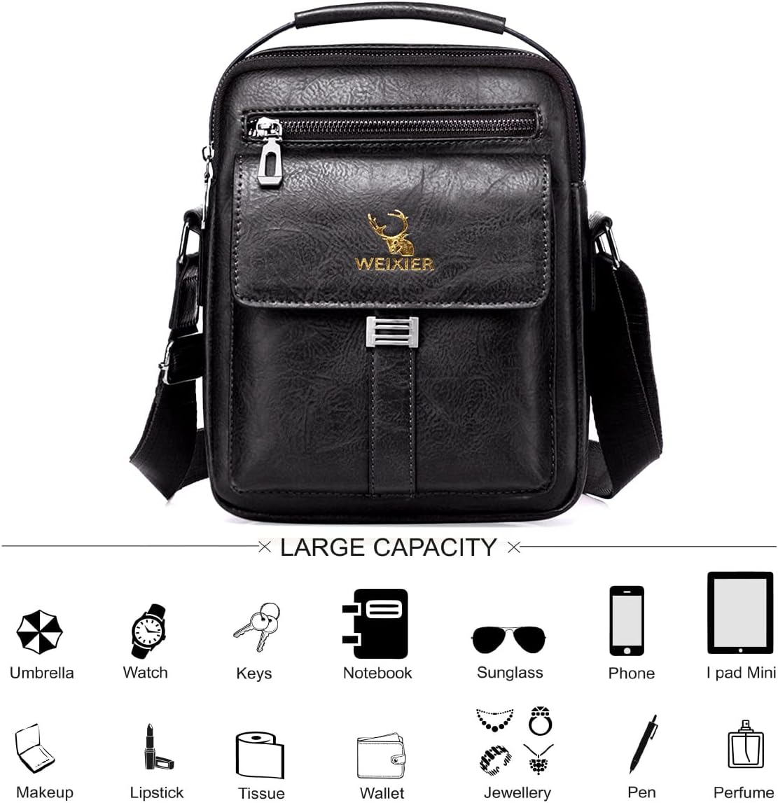 Mens Shoulder Bags Leather Crossbody Bag Fashion Messenger Bags for Man Travel Handbag Adjustable Shoulder Strap