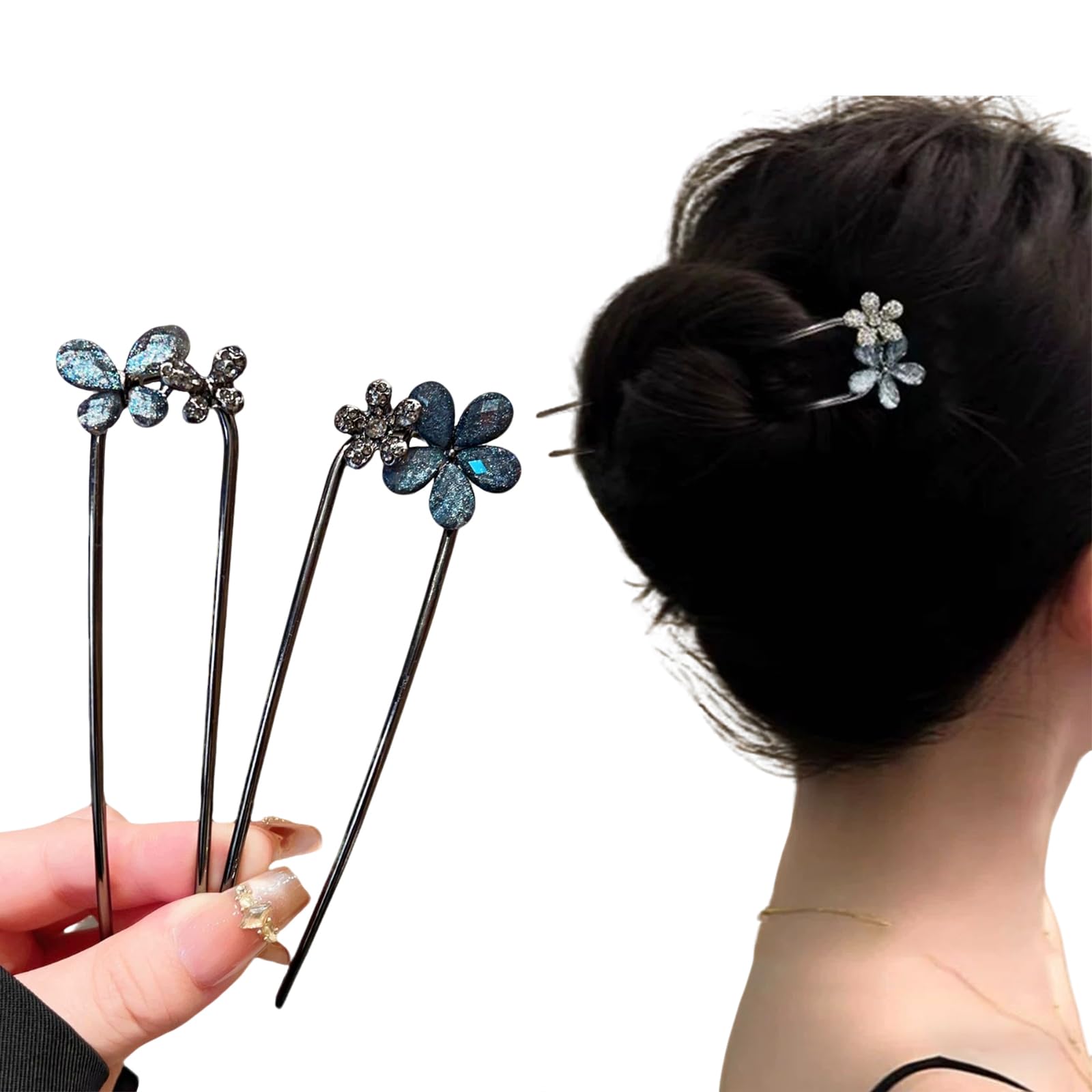 French hair pins for women 2 pcs,Buns and Updos with No Hair Damage,Rhinestone Metal Butterfly Flower Chinese U-shaped Pin Great Hold,Suitable for fine & thick hair US413