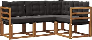 4-teiliges Gartenmöbel-Set mit Kissen, Outdoor-Sofagarnitur aus massivem Akazienholz und Textilene, Modulare Lounge-Ecke für Terrasse und Garten, Natürlich-Schwarz