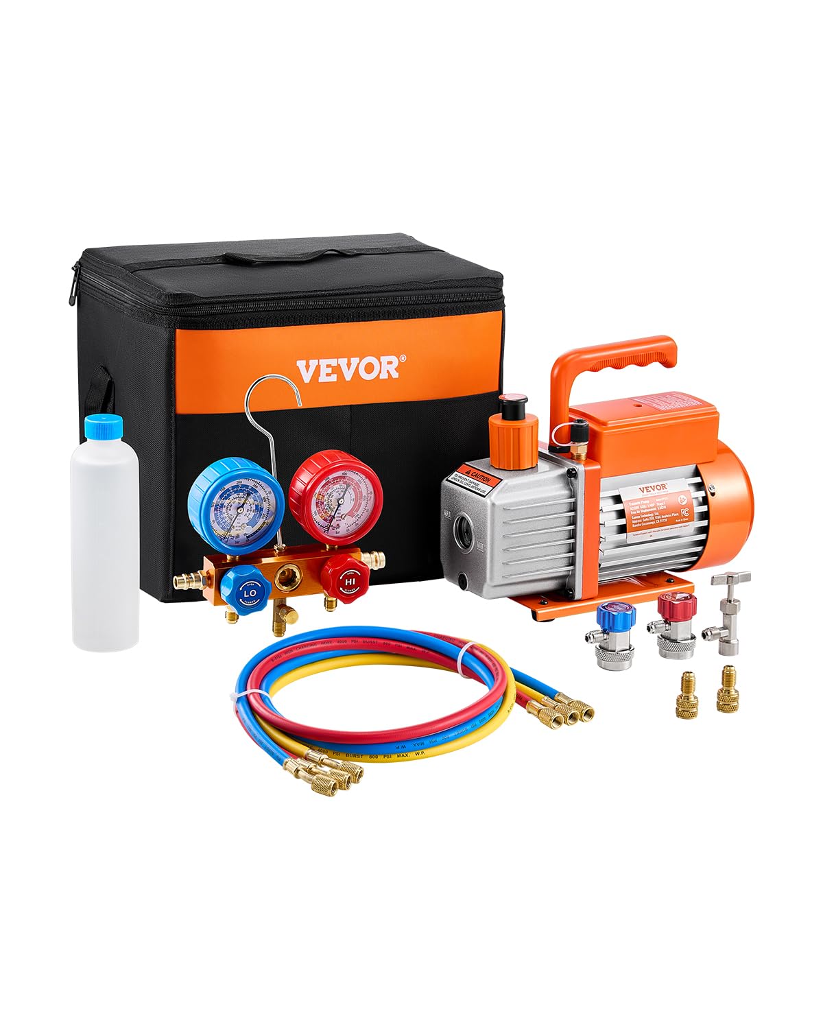 VEVOR Pompa per Vuoto e Manometro AC 1,​65 L/​s, ad Aria HVAC a Palette Rotanti Monostadio, Kit Manometro per Collettore Refrigerante A/​C, con Tubi, Refrigeranti R134a R12 R22 R502a R410A R404 R407C