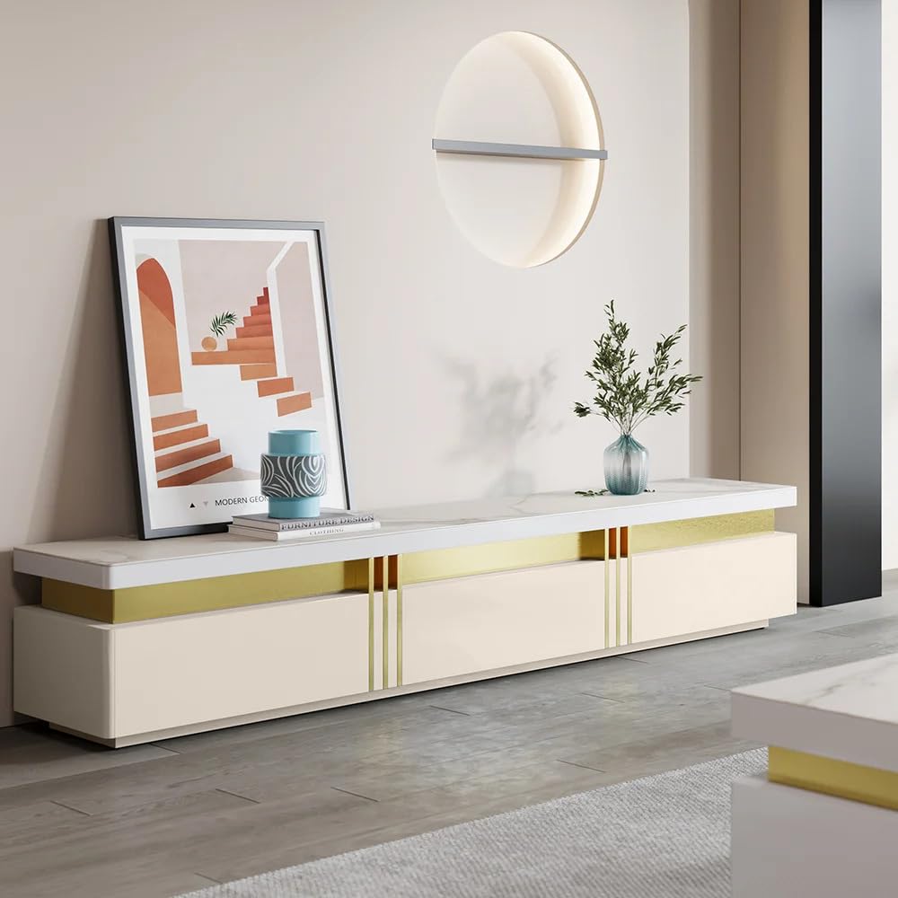 Luxury Joyce Modern TV Unit/Console – 70" Naino Compsit Marble Top, 3 Drawer Storage – White & Gold Finish – Scratch Resistant, Waterproof Plywood – Living Room Media Cabinet (Ivory)-image-17