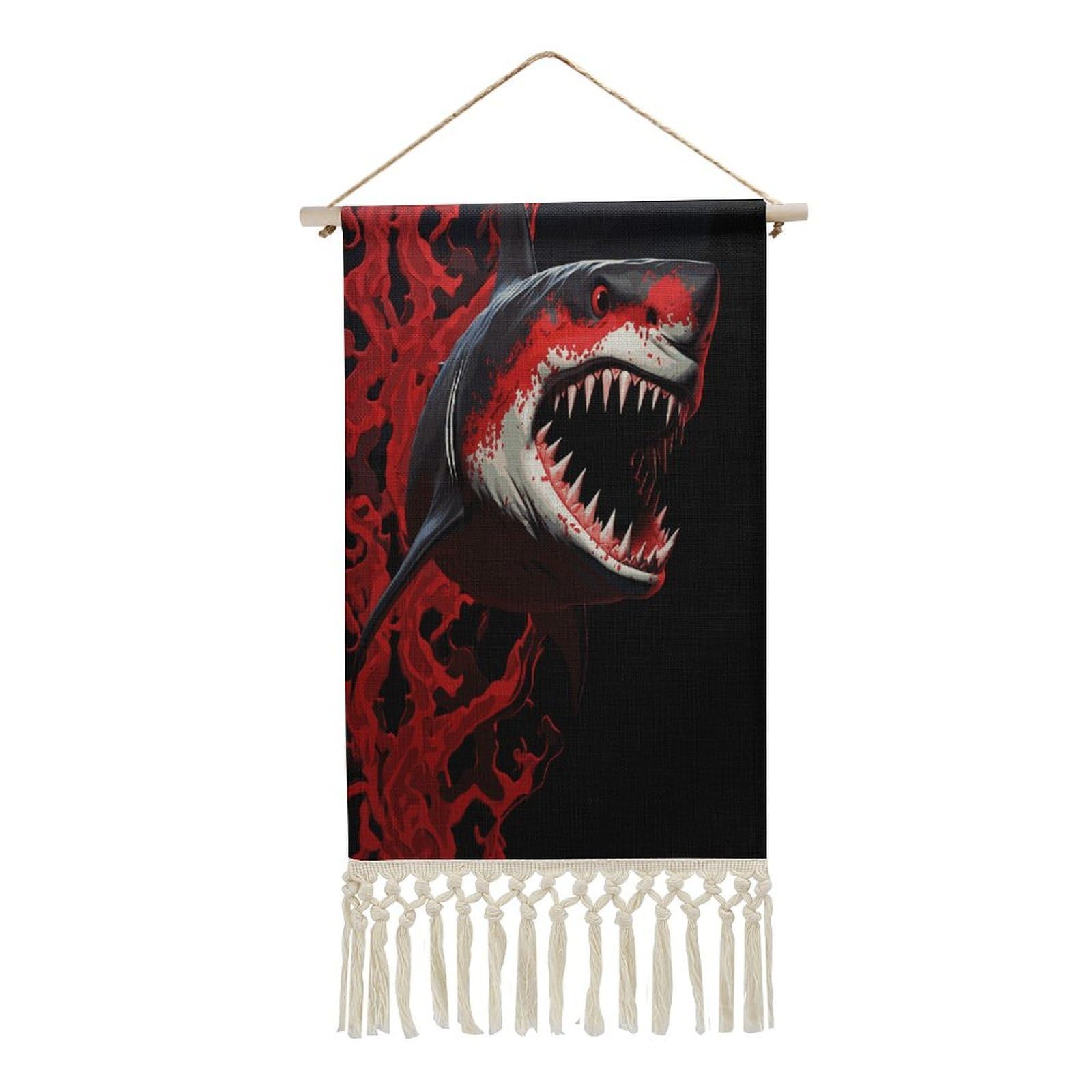 FekiLoot Red-black Shark Wall Art Print Decor Art Tapestry with Tassel Cotton Linen Hanging Poster Vintage Aesthetic Wall Art Poster Rustic Wall Art Decor for Home Bedroom Living Room Office