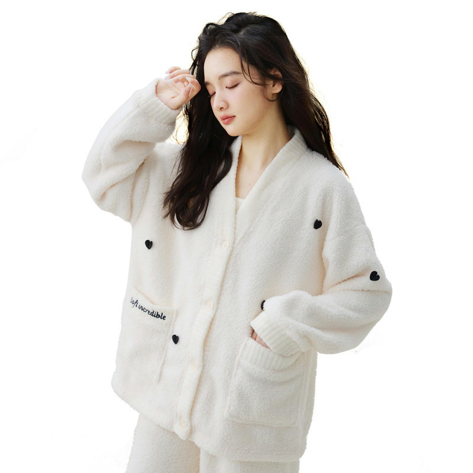 Pigiama Donna Invernale Velluto Invernale in Velluto Caldo Velluto Femmina Net Cardigan Pigiame Spesse Abiti da Velluto Abiti da Casa-White Love V -Neck Robe + Pants-l
