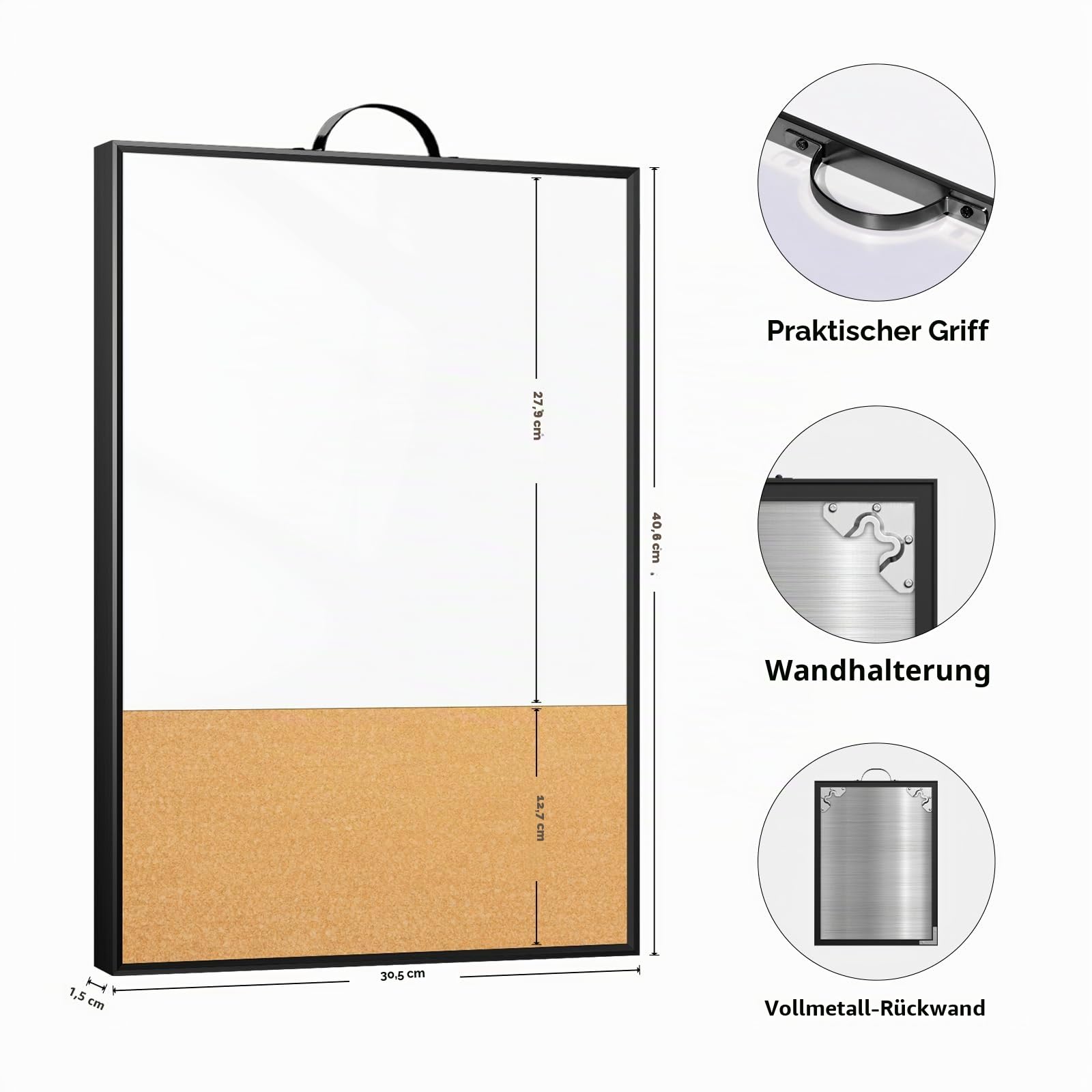 Kleine Whiteboard Pinnwand Verbund, 40 x 30 cm Magnetische Trockenlöschtafel & Korkpinnwand mit Griff zur Wandmontage, Tragbarer Aluminiumrahmen Whiteboard mit Kork für Büro Zuhause Schule