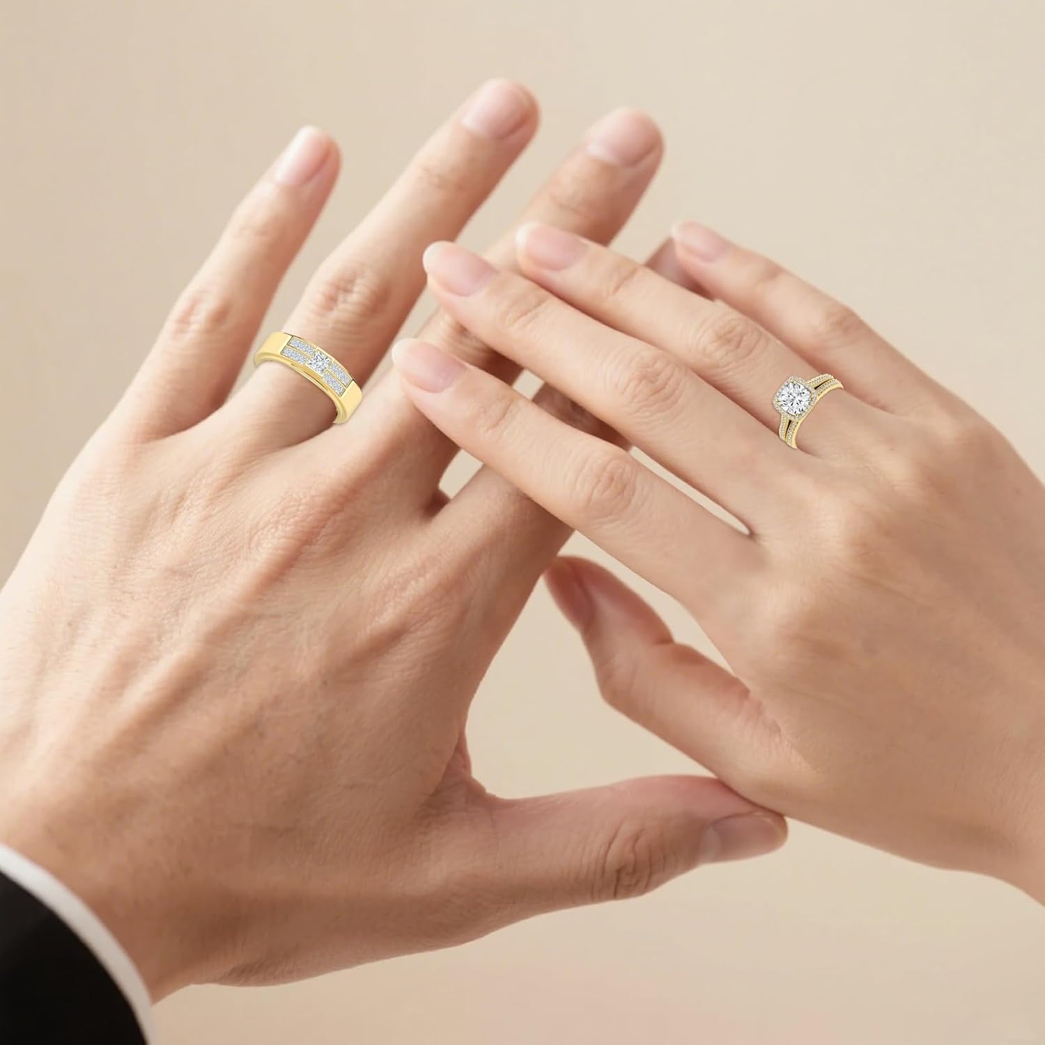 Matching Couple Ring Set for Her and Him 925 Silver 10K 14K 18K Real Gold Matching Wedding Bands Ring Couple Engagement Rings Set 1-3ct Moissanite Men and Women Bridal Rings Sets Free Engraving 3pcs