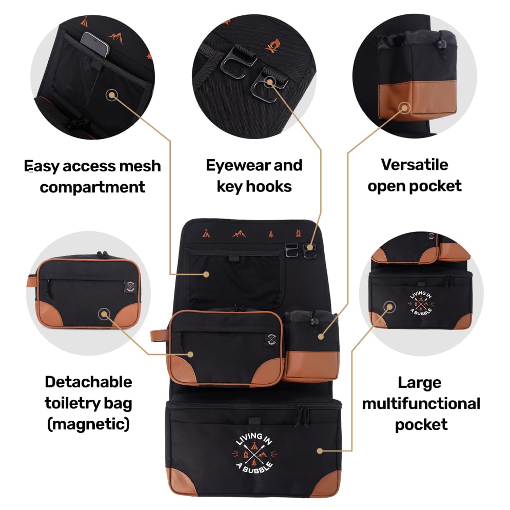 Image of Living in a Bubble Seat back Organizer - Magnetic Toiletry and Cooler Pouch, Cordura Car Backseat Storage with Device Holder & Hooks, Multi-Compartment Utility Bag for Campervans & Family Travel