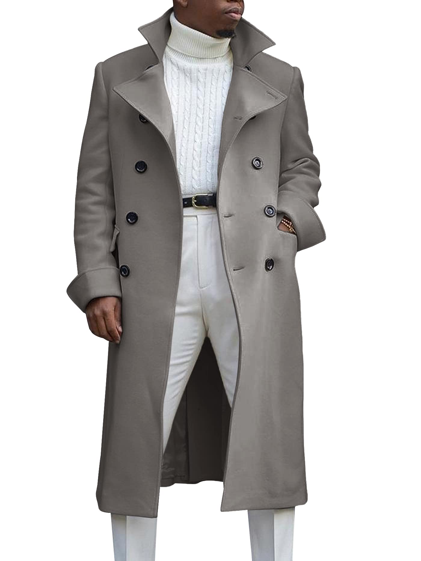 Ebifin Men's Grey Notch Lapel Double Breasted Long Trench Coat Casual Cotton Blend Peacoat, Medium