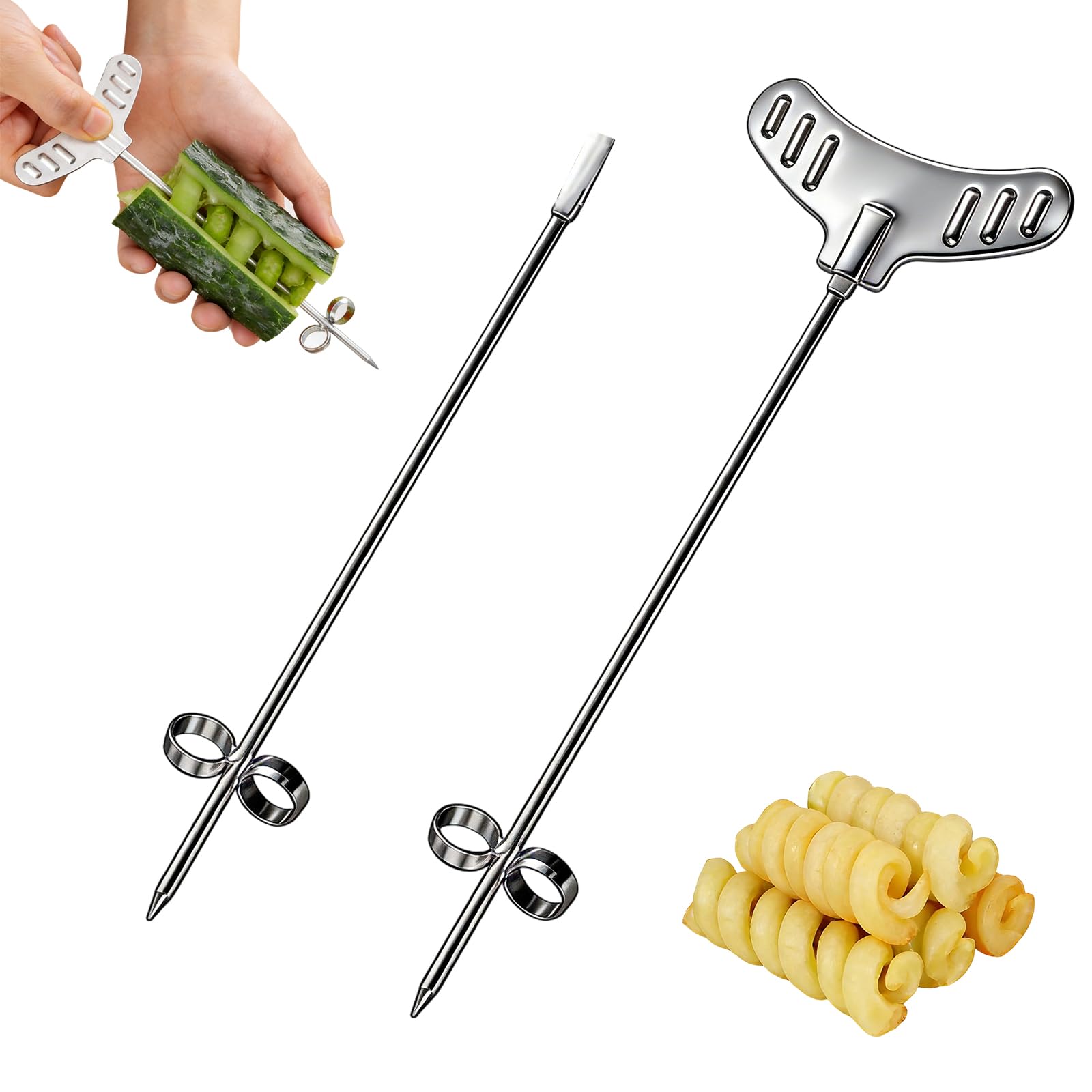 2pcs / Set Coupe Pomme De Terre Spirale, Tige De Légumes en Acier Inoxydable pour Spirale PE Manuel Pomme De Terre Carotte Concombre Sculpture Rouleau Ing Éplucheur Tortillon