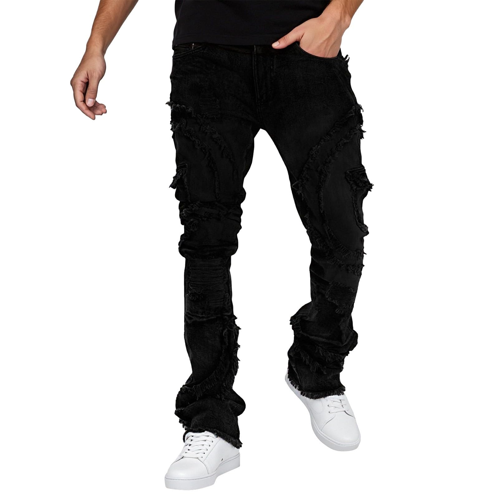 Jeans da uomo elasticizzati, stile hip hop, streetwear, a gamba dritta, vestibilità ampia, in denim, per attività all'aperto, comodi, per il tempo libero, con tasche