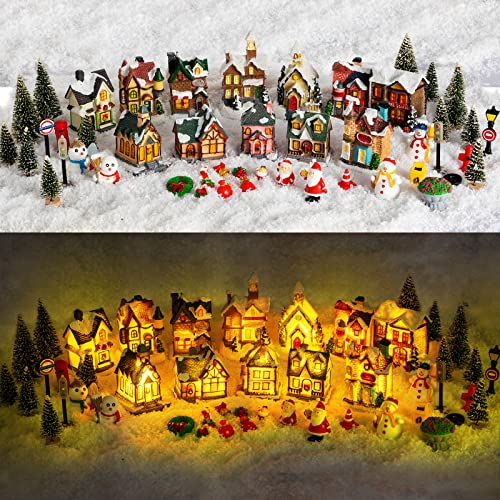 48 Christmas Village Houses Set Decorations LED Lights Christmas Town Scene Desktop Ornaments Christmas Figurines Accessories Buildings Battery Operated Landscape Decor