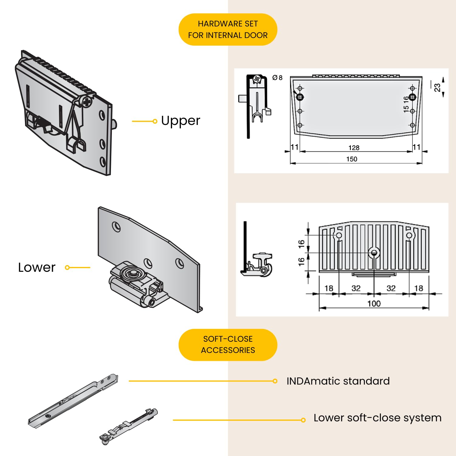 INDAUX Kit Ferramenta SISTEMA-4 per Armadi Scorrevoli con Ante Max. 80 Kg. Apertura e Chiusura Ammortizzata - Kit con Binari e Carrelli (Kit per 2 Ante Scorrevoli, Senza Kit Tendi Anta)