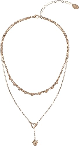 Disney Collar de Mickey Mouse de 2 filas en Y para mujeres, niñas en caja de regalo de joyería auténtica, cadenas en capas de tono dorado con dije