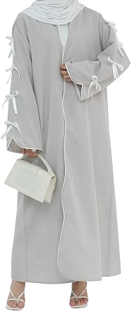 ODIZLI Womens Eid Abaya Dresses Long Sleeve Open Front Pearl Bowknot Prayer Dress Ramadan Cardigan Dubai Kaftan
