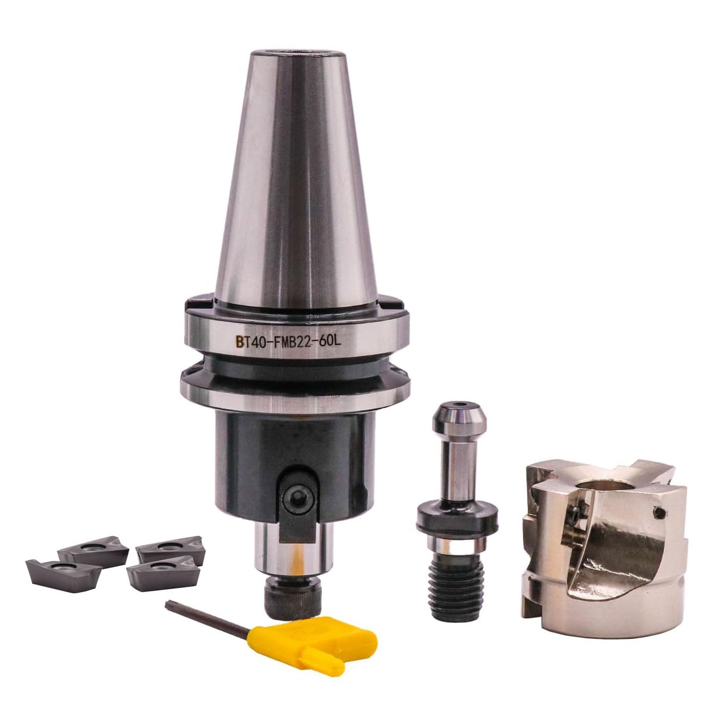 BT40-FMB22-60 Shank Face End Mill Arbor, 1.97"/50mm Cutting Diameter 90 Degree 4 Flute Indexable CNC Face End Mill Shell Cutter 400R 50-22-4T with 4Pcs APMT1604 Carbide Inserts and BT40 Pull Stud