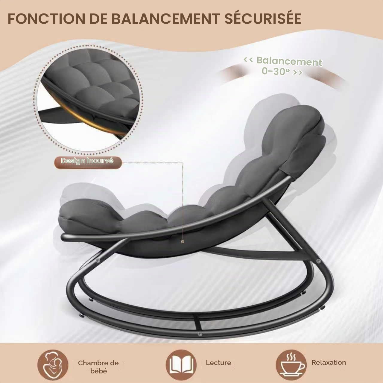 Fauteuil a Bascule avec Tabouret, Rocking Chair pour Intérieur, Extérieur, XXL Chaise a Bascule, Capacité 150 kg, Chaise à Bascule avec Coussin Rembourré, pour Salon, Jardin, Balcon (Gris)