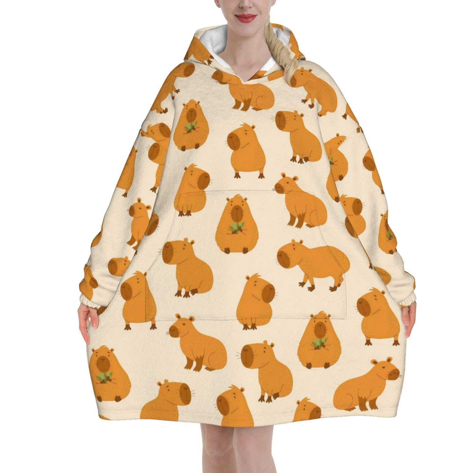 Cutes Capybara Wearable Blanket Hoodie for Adult Women, Oversized Flannel Fleece Sweatshirt, Cozy Blanket Hoodie with Pocket, Gift for Unisex Girls Teenager