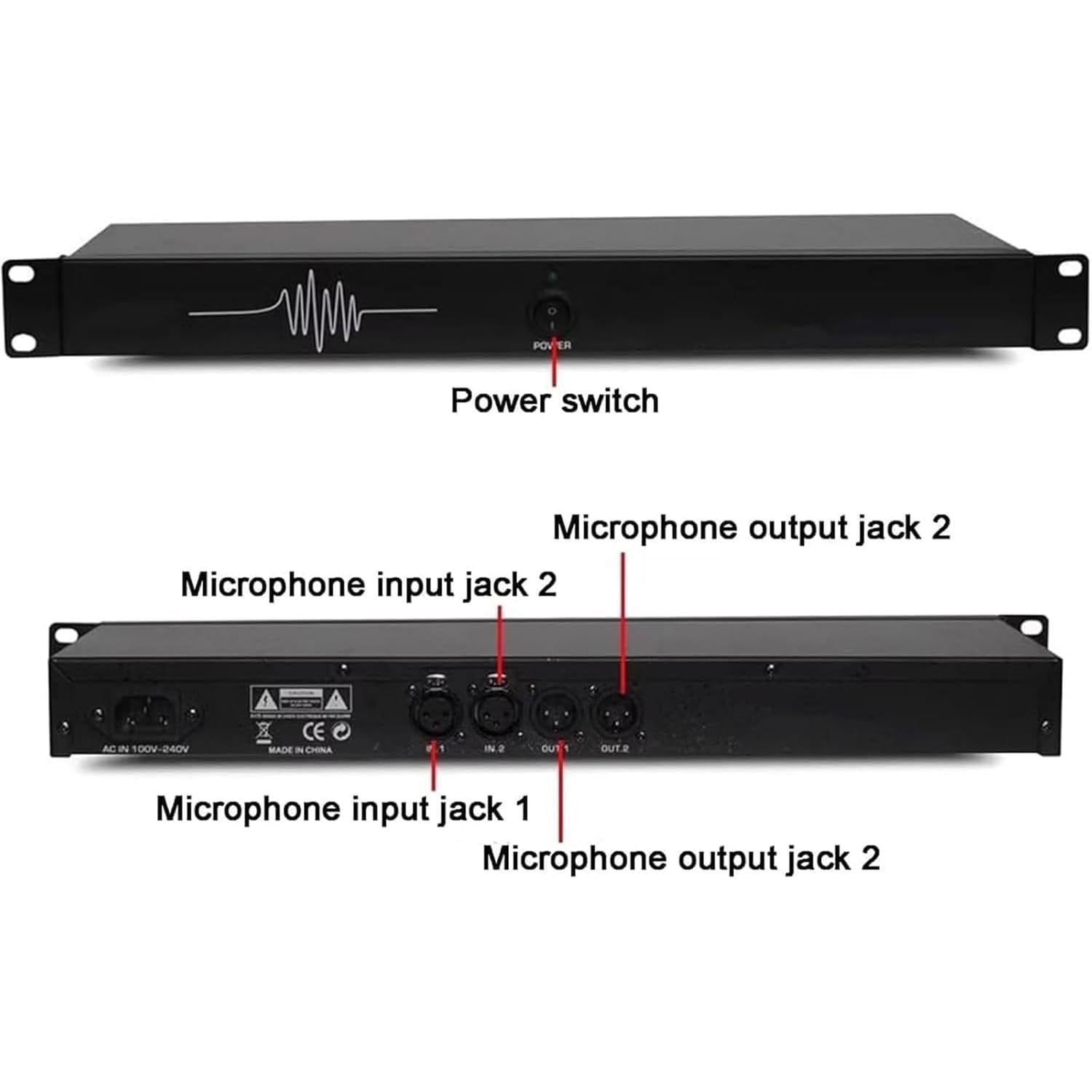 Generisch Cyfrowy procesor audio z 2 wejściami i 2 wyjściami, wzmocnienie akustyczne 5-14 dB, aktywacja za pomocą jednego przycisku, do występów scenicznych i konferencji