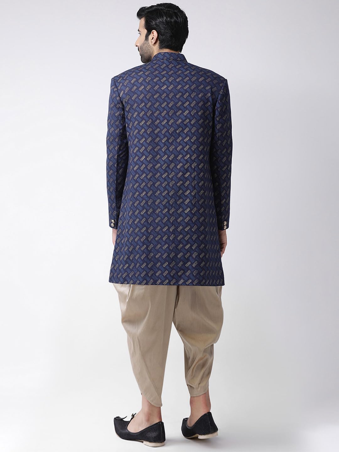 KISAH Men's Navy Blue Printed Sherwani & Beige Dhoti Set | Traditional Indian Wear for Weddings & Festive Ocassions