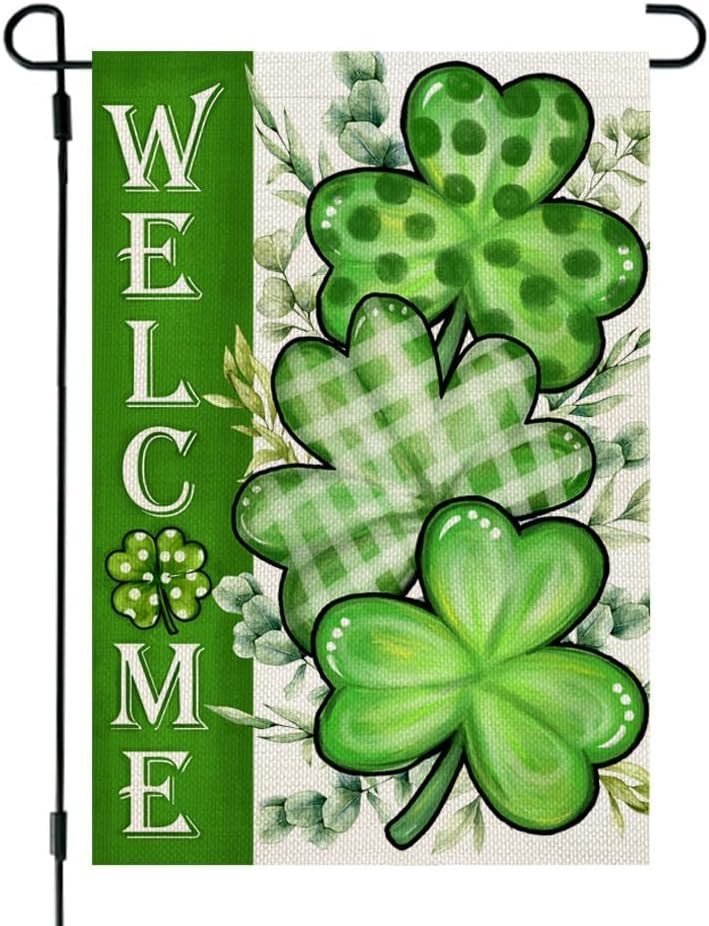 CrownedBeauty St. Patrick's Day Shamrocks Garden Flag 12x18 Inch Double Sided Burlap Welcome Yard Flag Outdoor Decor