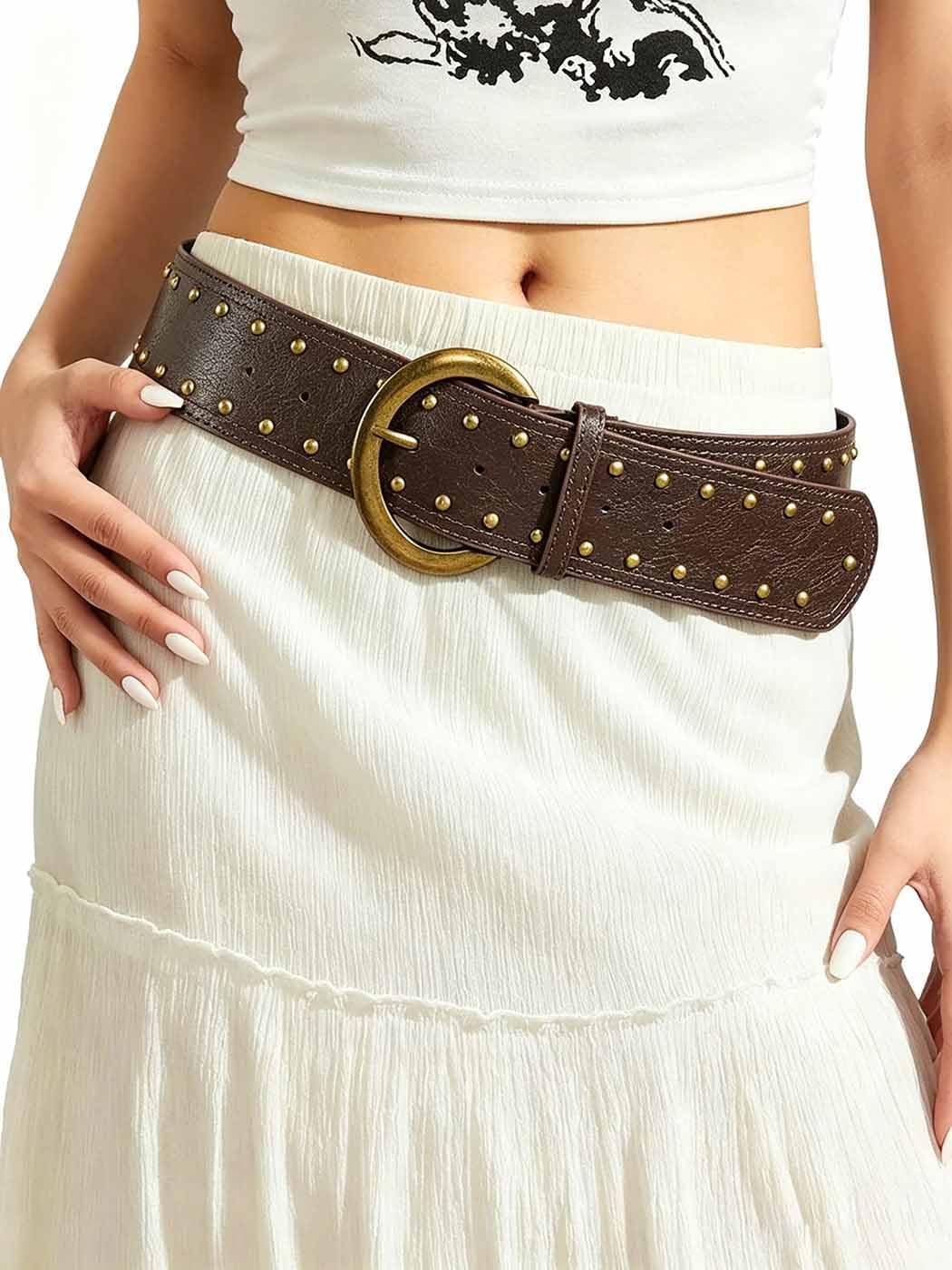 Yalice Women's Wide Western Cowgirl Leather Belt Boho Vintage Chunky Belt with Metal Buckle for Jeans Dresses
