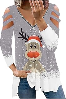AMhomely Women Blouse Tops Sale Clearance,Short Sleeve V-Neck Tops Zipper Christmas Printing Blouse Tops Christmas Jumper Funny Graphic Reindeer Santa Xmas Jumper Sweatshirt Ladies UK Size