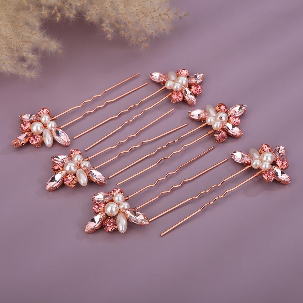Juego de 6 horquillas de cristal rosa para mujeres y niñas, para boda, novia, peinado, joyería hecha a mano (rosa)