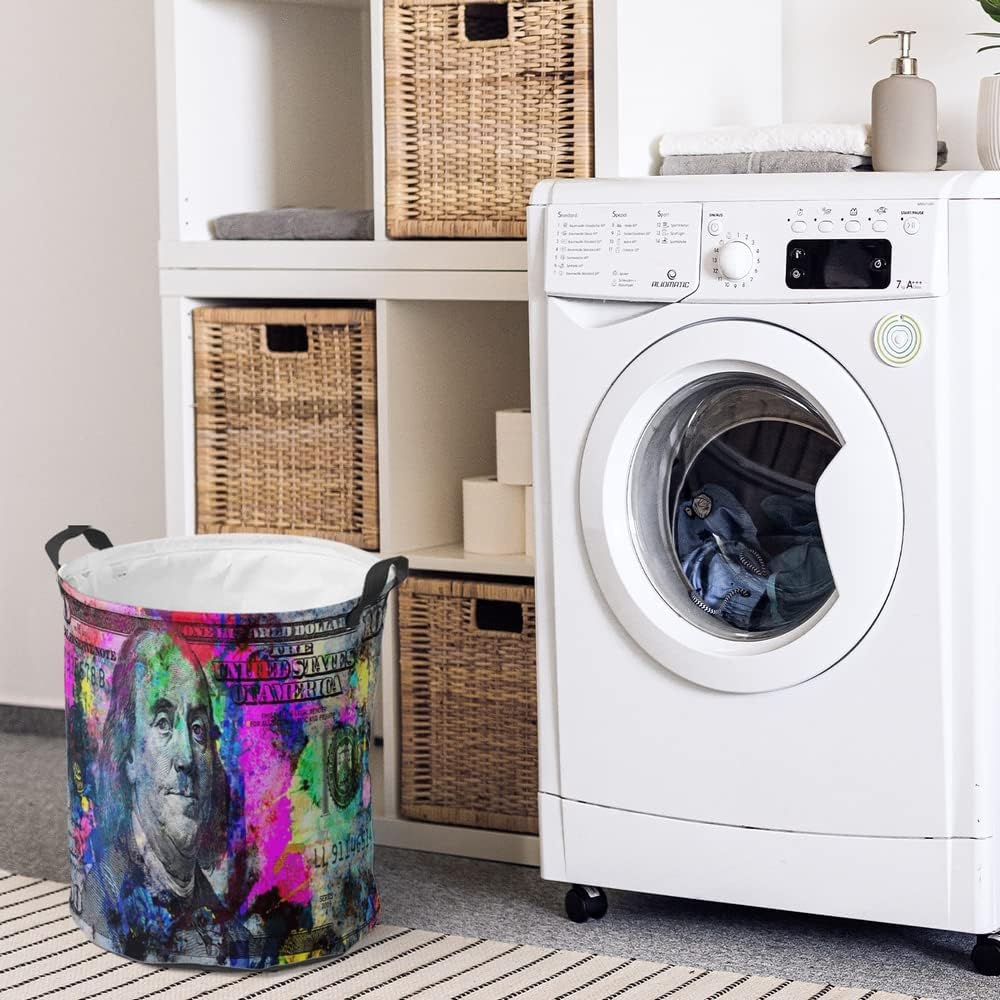 100 Dollar Bills Dirty Clothes Hampers with Money Background,Cool Money Decor Round Laundry Basket Collapsible Clothing Toy Organizer Bin for Boys Teens Men Room 19.7"x15.7"