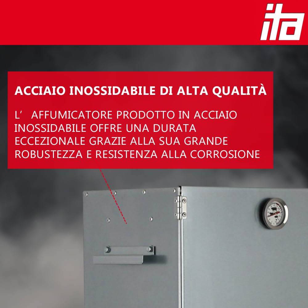 ITA Forno Affumicatore 7005 - Set Affumicatore con Generatore di Fumo, Tavolo - Armadio per Affumicatura con Termometro - Acciaio Inox - Qualità EU, Direttamente dal Produttore - 81 cm con 3 Ripiani