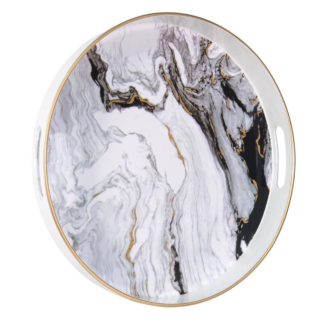 Heaven4you Round Premium Luxury Decorative Serving Tray Marble Design with Gold Trim | Glossy Finish Cosmetic Tray Organiser Food Tray for Coffee Table or Dining (White Marble)
