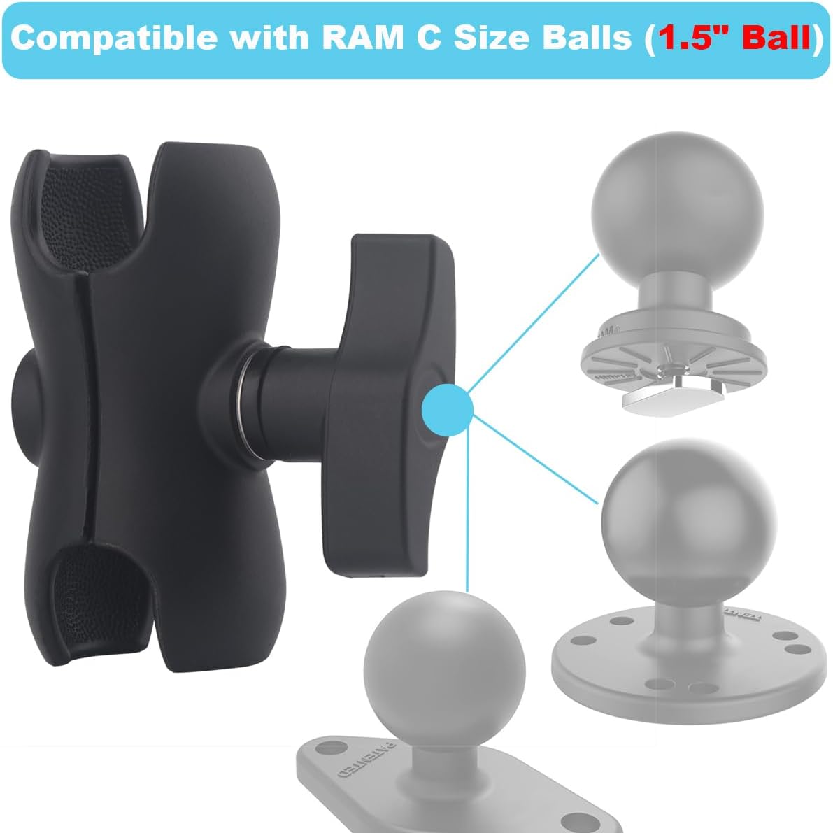 1.5" Double Socket Short Arm, Compatible with RAM C Size 1.5" Ball Components | 38mm Ball Accessories | Fits Fish Finders, GPS & Camera Mounts (3.54" Compact Design)