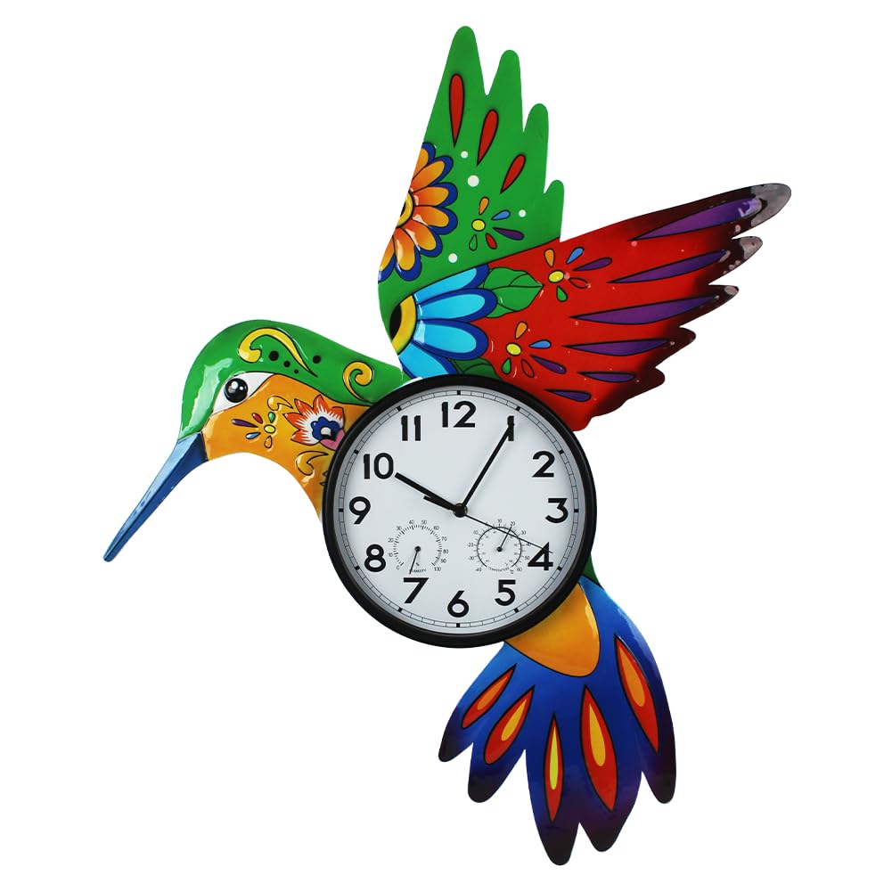 Photo 1 of ***USED***HOBYLUBY Large Outdoor Clock Silent Non-Ticking, Outdoor Wall Clock with Thermometer & Humidity Decorative Outdoor Clocks for Patio, Garden, Home Decor(Red&Green Hummingbird)