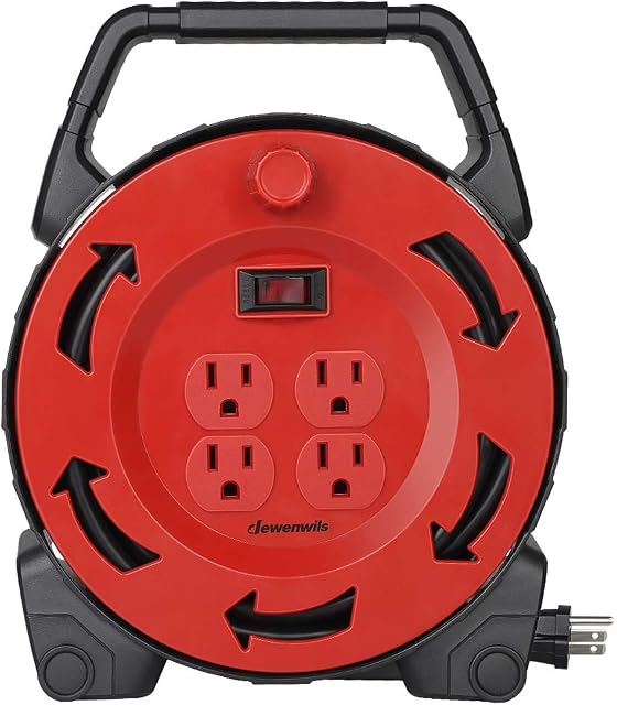 DEWENWILS Rouleau de cordon d'extension avec 30 FT Cordon électrique, rétractable à la main, 16/3 AWG SJTW, 4 Des sorties d'eau, 13 Disjoncteur d'ampli, Noir Rouge, UL Inscrit