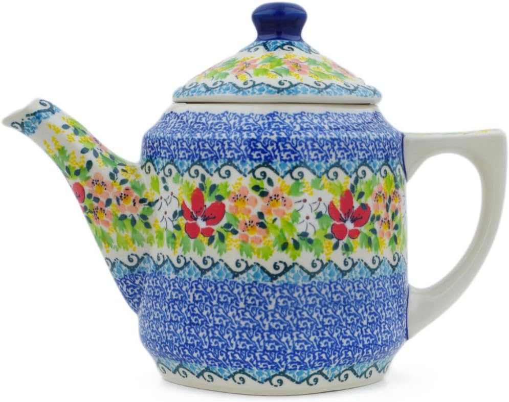 Polmedia Polish Pottery Tea or Coffee Pot UNIKAT - Petal Dance Pattern Handmade in Boleslawiec Poland by Ceramika Artystyczna + Certificate of Authenticity