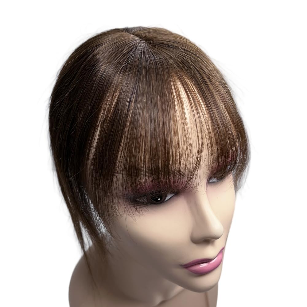 Anemone Hand-woven Lace Human Hair Toppers Clip In Brazilian Natural Hairpieces Women Straight Cover Grey Hair Loss (9 * 10 Brown Air Bangs)