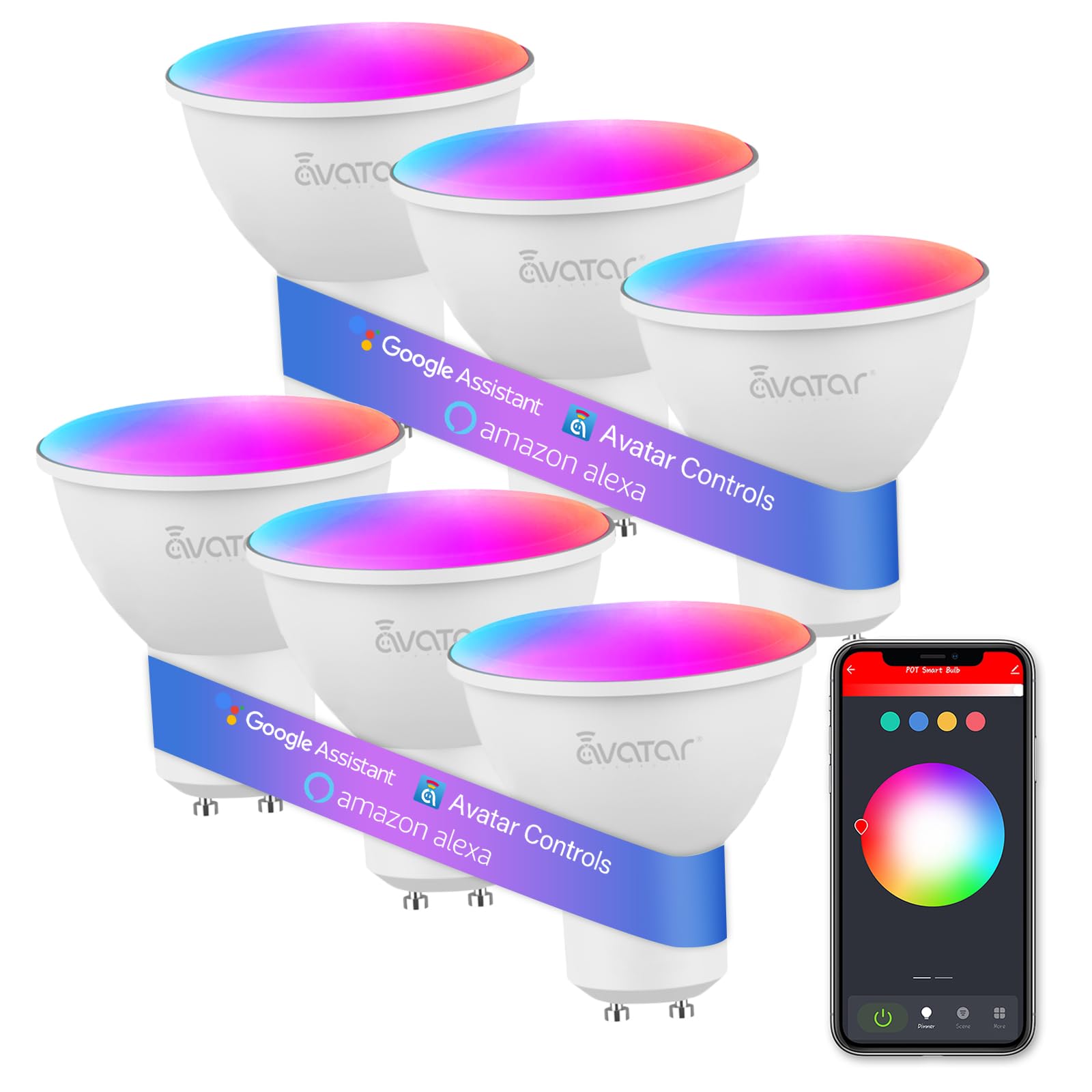6 Pack GU10 Smart Bulbs, 5W GU10 LED Light Bulb, Color Changing, Dimmable, Music Sync, Timer, Group Control WiFi Recessed Track Light Bulbs Compatible with Alexa, Google Assistant